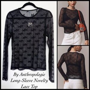 NWT By Anthropologie Long-Sleeve Novelty Lace Top in Black Size Medium